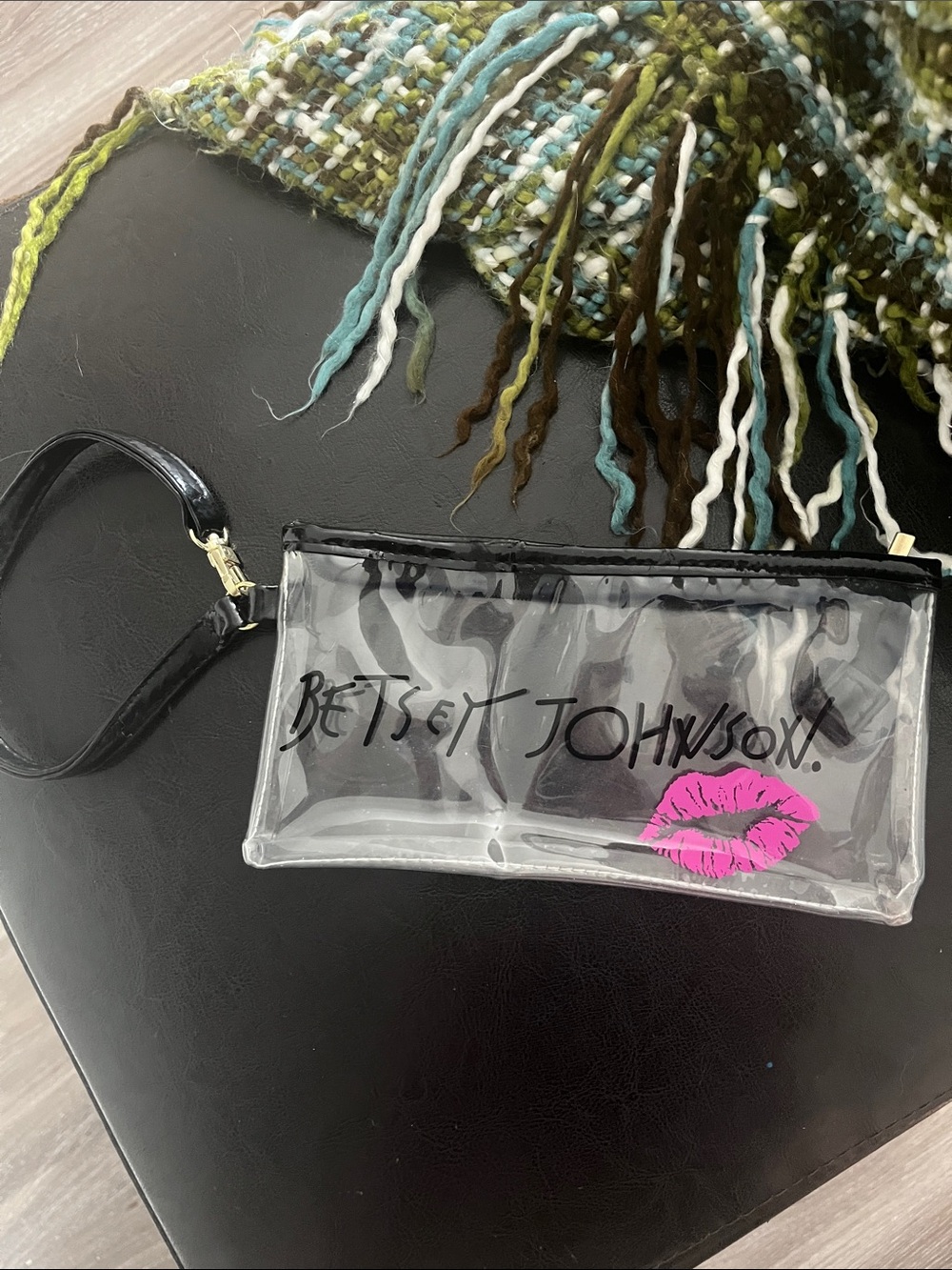 Betsey Johnson Clear PVC Wristlet with Black Strap and Pink Lip